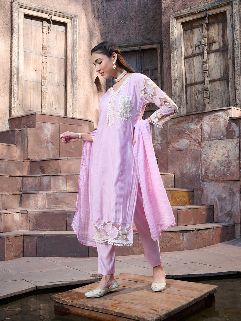 Stylum Women's Purple Solid & Embroidered Silk Straight Kurta Pant Dupatta Set (KPDPURPLEGALA)