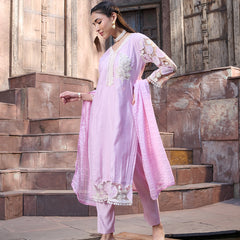 Stylum Women's Purple Solid & Embroidered Silk Straight Kurta Pant Dupatta Set (KPDPURPLEGALA)