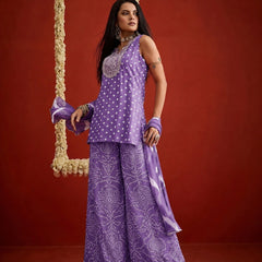 Stylum Women's Purple Bandhej Printed & Embroidered Rayon Straight Short Kurti Palazzo Dupatta Set (KPDPURPLEGOKU)
