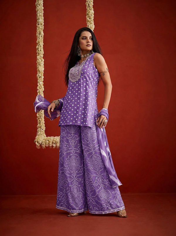 Stylum Women's Purple Bandhej Printed & Embroidered Rayon Straight Short Kurti Palazzo Dupatta Set (KPDPURPLEGOKU)