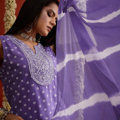 Stylum Women's Purple Bandhej Printed & Embroidered Rayon Straight Short Kurti Palazzo Dupatta Set (KPDPURPLEGOKU)