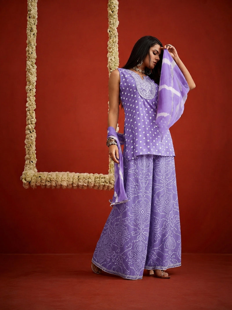 Stylum Women's Purple Bandhej Printed & Embroidered Rayon Straight Short Kurti Palazzo Dupatta Set (KPDPURPLEGOKU)
