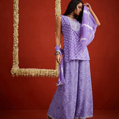 Stylum Women's Purple Bandhej Printed & Embroidered Rayon Straight Short Kurti Palazzo Dupatta Set (KPDPURPLEGOKU)