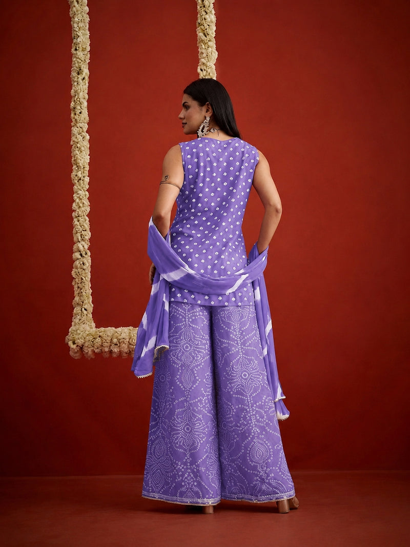 Stylum Women's Purple Bandhej Printed & Embroidered Rayon Straight Short Kurti Palazzo Dupatta Set (KPDPURPLEGOKU)