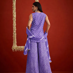 Stylum Women's Purple Bandhej Printed & Embroidered Rayon Straight Short Kurti Palazzo Dupatta Set (KPDPURPLEGOKU)