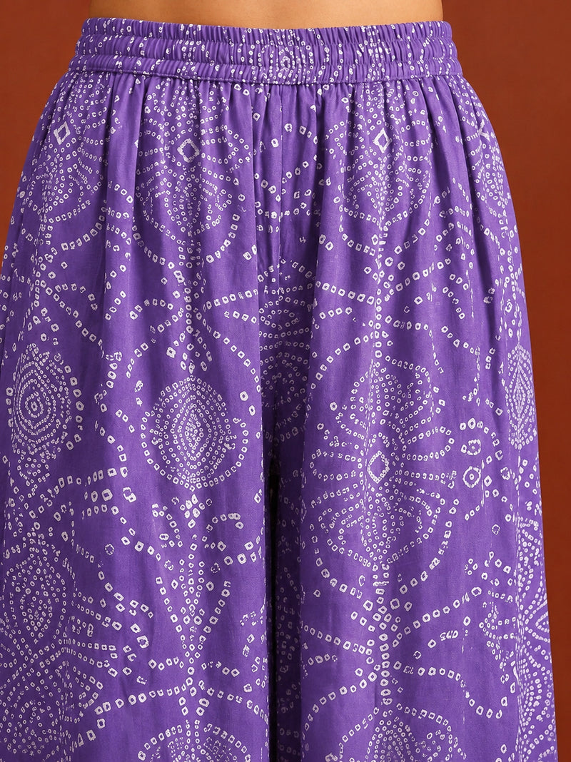 Stylum Women's Purple Bandhej Printed & Embroidered Rayon Straight Short Kurti Palazzo Dupatta Set (KPDPURPLEGOKU)