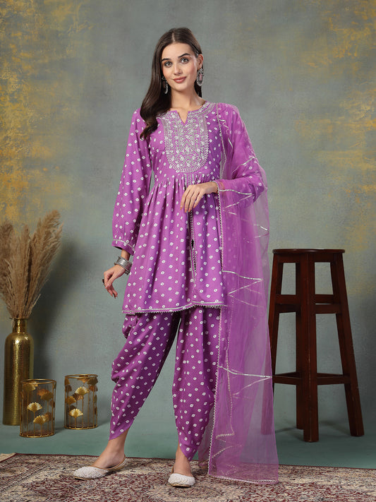 Stylum Women's Purple Bandhani Printed & Embroidered Rayon Pleated Kurti with Dhoti Pant & Dupatta Set (KPDPURPLEINK)