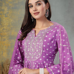 Stylum Women's Purple Bandhani Printed & Embroidered Rayon Pleated Kurti with Dhoti Pant & Dupatta Set (KPDPURPLEINK)