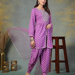 Stylum Women's Purple Bandhani Printed & Embroidered Rayon Pleated Kurti with Dhoti Pant & Dupatta Set (KPDPURPLEINK)