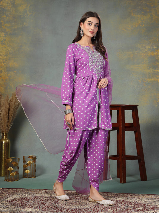 Stylum Women's Purple Bandhani Printed & Embroidered Rayon Pleated Kurti with Dhoti Pant & Dupatta Set (KPDPURPLEINK)