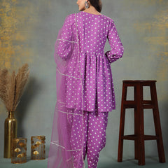 Stylum Women's Purple Bandhani Printed & Embroidered Rayon Pleated Kurti with Dhoti Pant & Dupatta Set (KPDPURPLEINK)
