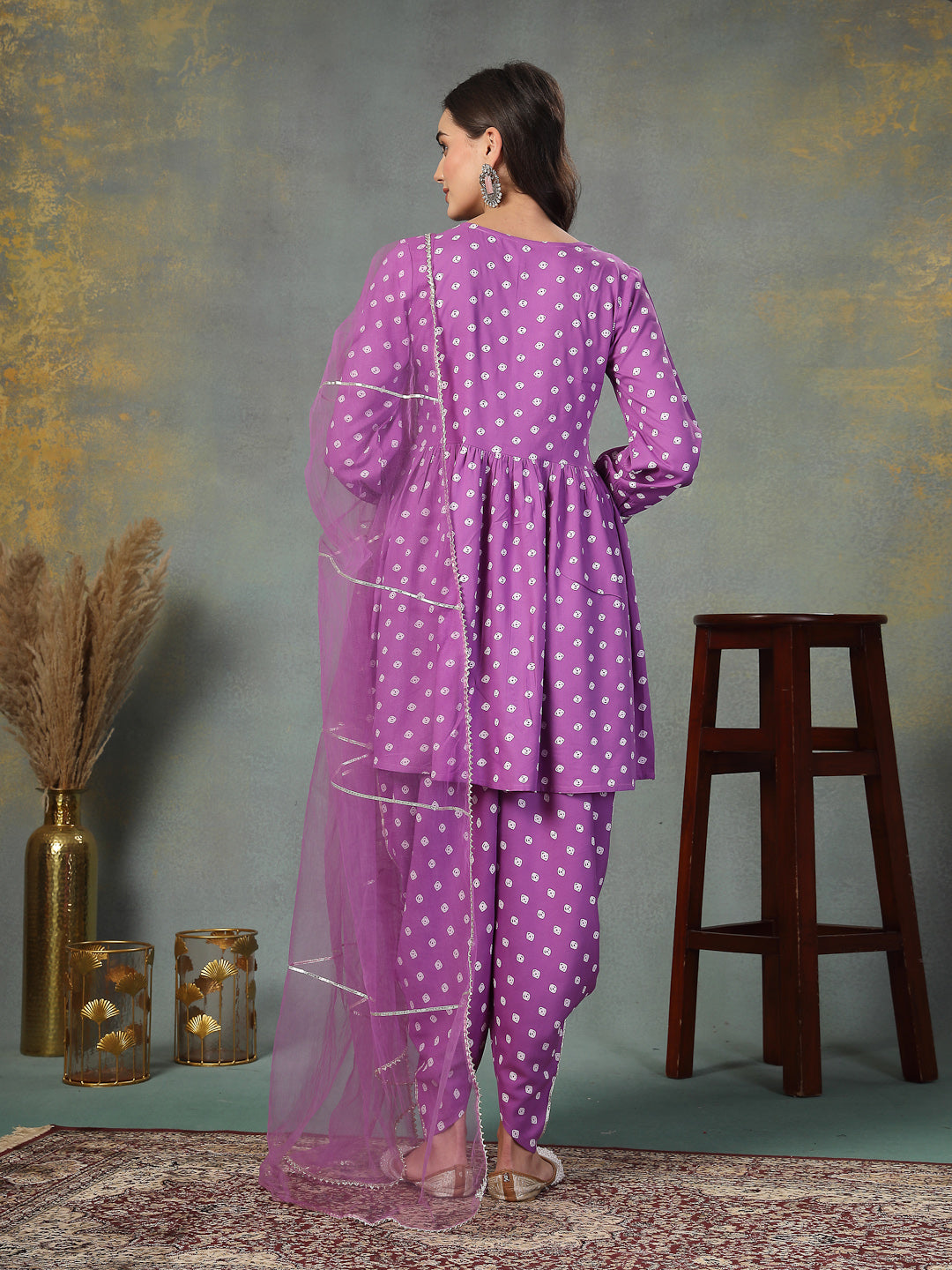 Stylum Women's Purple Bandhani Printed & Embroidered Rayon Pleated Kurti with Dhoti Pant & Dupatta Set (KPDPURPLEINK)