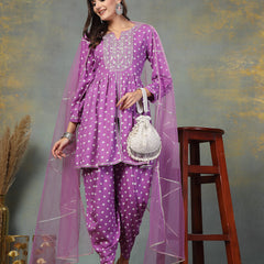 Stylum Women's Purple Bandhani Printed & Embroidered Rayon Pleated Kurti with Dhoti Pant & Dupatta Set (KPDPURPLEINK)