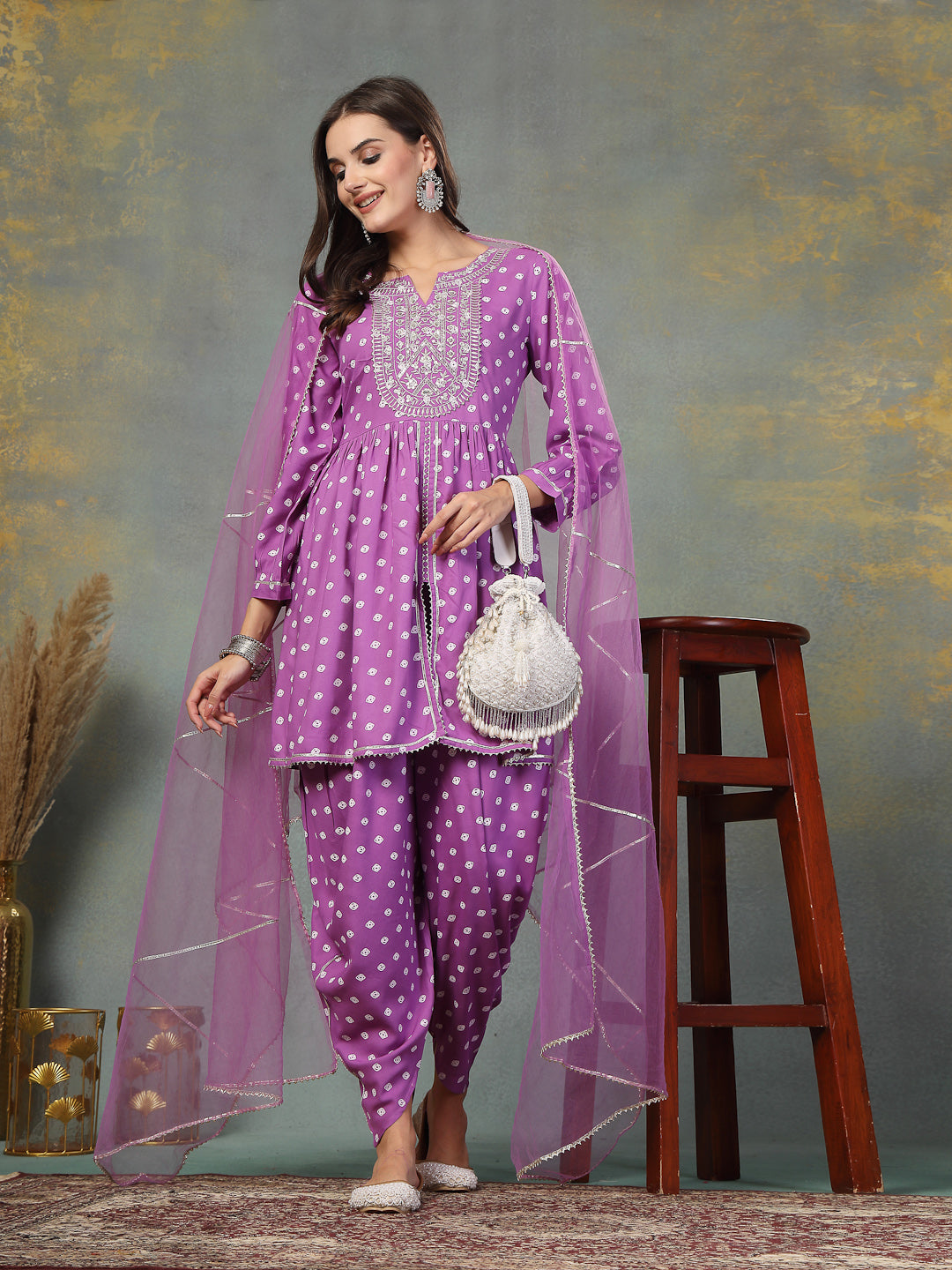 Stylum Women's Purple Bandhani Printed & Embroidered Rayon Pleated Kurti with Dhoti Pant & Dupatta Set (KPDPURPLEINK)