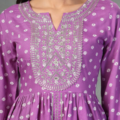 Stylum Women's Purple Bandhani Printed & Embroidered Rayon Pleated Kurti with Dhoti Pant & Dupatta Set (KPDPURPLEINK)