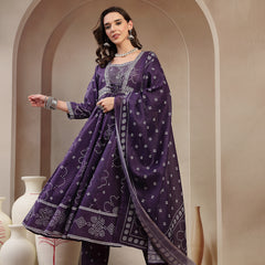 Stylum Women's Purple Ethnic Printed Cotton Blend Anarkali Kurta Pant Dupatta Set (KPDPURPLEKOSAR)