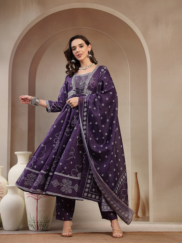 Stylum Women's Purple Ethnic Printed Cotton Blend Anarkali Kurta Pant Dupatta Set (KPDPURPLEKOSAR)
