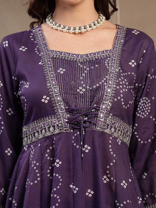 Stylum Women's Purple Ethnic Printed Cotton Blend Anarkali Kurta Pant Dupatta Set (KPDPURPLEKOSAR)