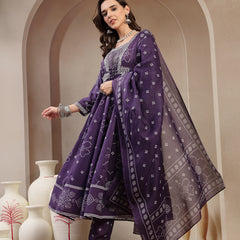 Stylum Women's Purple Ethnic Printed Cotton Blend Anarkali Kurta Pant Dupatta Set (KPDPURPLEKOSAR)