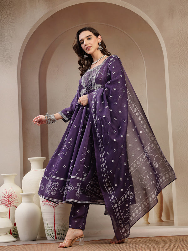 Stylum Women's Purple Ethnic Printed Cotton Blend Anarkali Kurta Pant Dupatta Set (KPDPURPLEKOSAR)