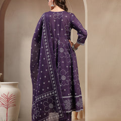 Stylum Women's Purple Ethnic Printed Cotton Blend Anarkali Kurta Pant Dupatta Set (KPDPURPLEKOSAR)