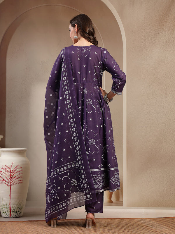 Stylum Women's Purple Ethnic Printed Cotton Blend Anarkali Kurta Pant Dupatta Set (KPDPURPLEKOSAR)