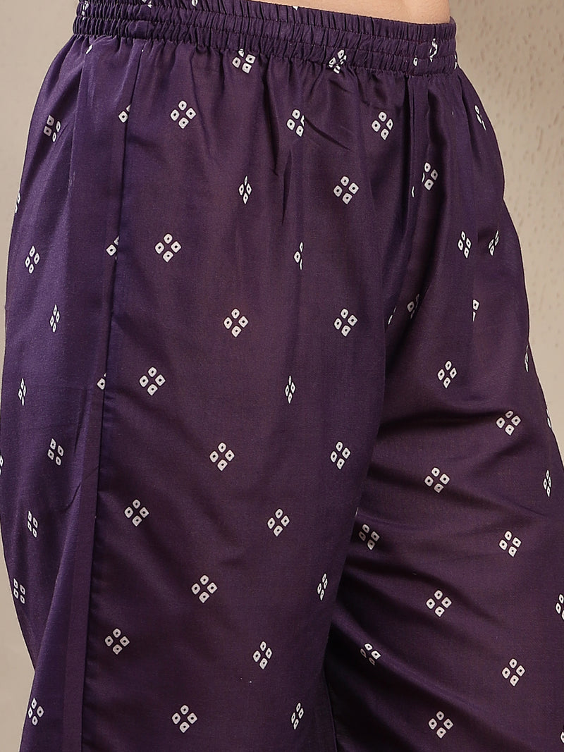 Stylum Women's Purple Ethnic Printed Cotton Blend Anarkali Kurta Pant Dupatta Set (KPDPURPLEKOSAR)