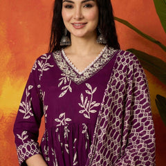 Stylum Women's Purple Floral Printed Cotton Anarkali Kurta Pant Dupatta Set (KPDPURPLEMANI)