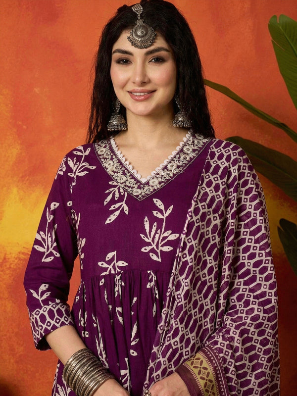 Stylum Women's Purple Floral Printed Cotton Anarkali Kurta Pant Dupatta Set (KPDPURPLEMANI)