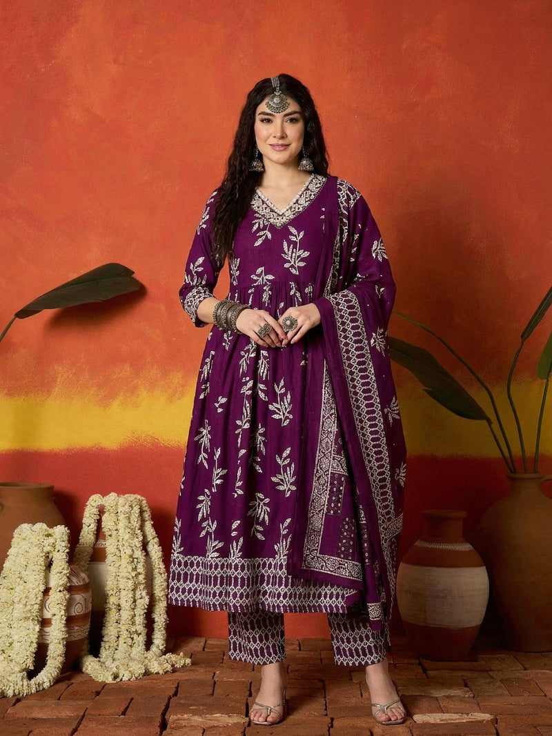 Stylum Women's Purple Floral Printed Cotton Anarkali Kurta Pant Dupatta Set (KPDPURPLEMANI)