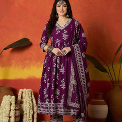 Stylum Women's Purple Floral Printed Cotton Anarkali Kurta Pant Dupatta Set (KPDPURPLEMANI)