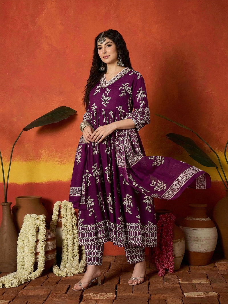 Stylum Women's Purple Floral Printed Cotton Anarkali Kurta Pant Dupatta Set (KPDPURPLEMANI)