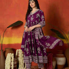 Stylum Women's Purple Floral Printed Cotton Anarkali Kurta Pant Dupatta Set (KPDPURPLEMANI)