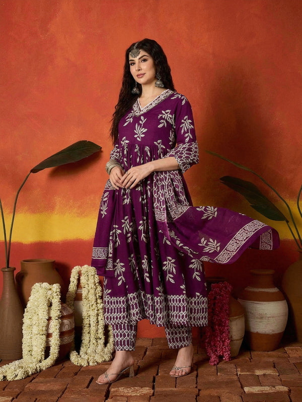 Stylum Women's Purple Floral Printed Cotton Anarkali Kurta Pant Dupatta Set (KPDPURPLEMANI)