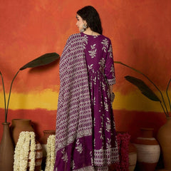 Stylum Women's Purple Floral Printed Cotton Anarkali Kurta Pant Dupatta Set (KPDPURPLEMANI)