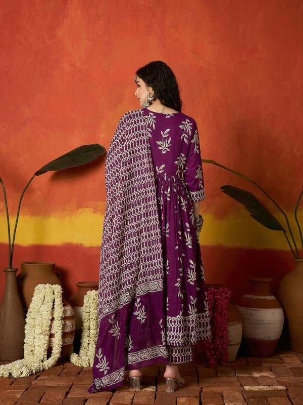 Stylum Women's Purple Floral Printed Cotton Anarkali Kurta Pant Dupatta Set (KPDPURPLEMANI)