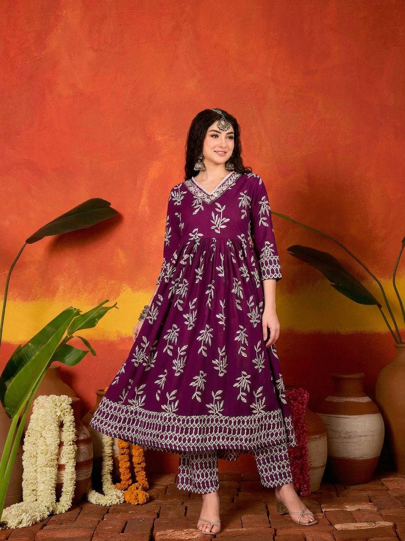 Stylum Women's Purple Floral Printed Cotton Anarkali Kurta Pant Dupatta Set (KPDPURPLEMANI)