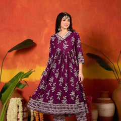 Stylum Women's Purple Floral Printed Cotton Anarkali Kurta Pant Dupatta Set (KPDPURPLEMANI)