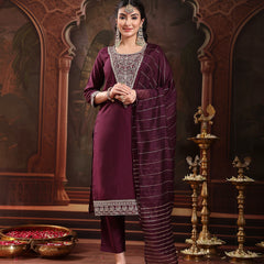 Stylum Women's Purple Solid & Embroidered Silk Blend Straight Kurta Pant Dupatta Set (KPDPURPLEMUNGA)