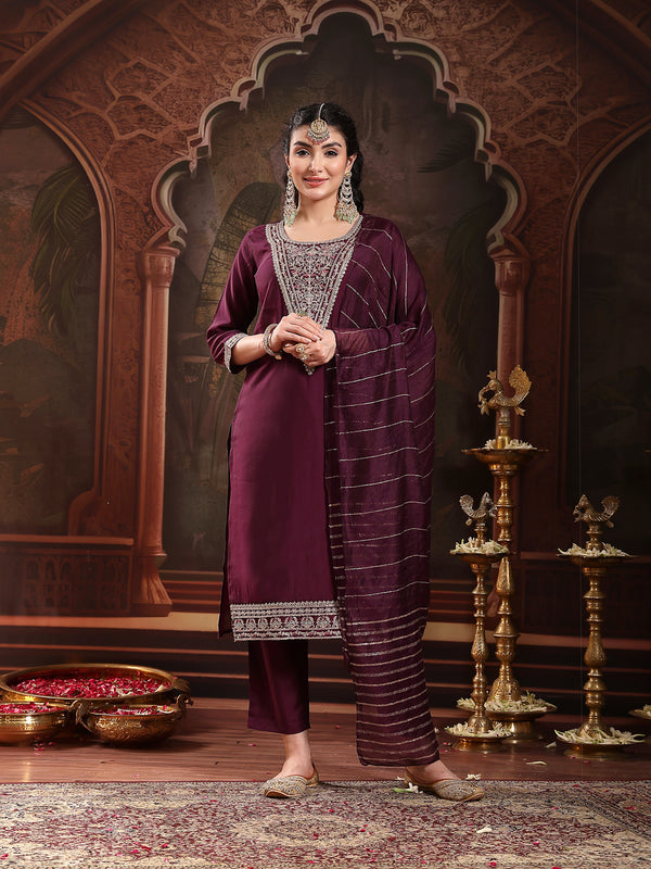 Stylum Women's Purple Solid & Embroidered Silk Blend Straight Kurta Pant Dupatta Set (KPDPURPLEMUNGA)