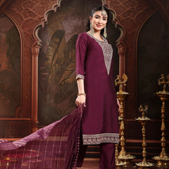 Stylum Women's Purple Solid & Embroidered Silk Blend Straight Kurta Pant Dupatta Set (KPDPURPLEMUNGA)