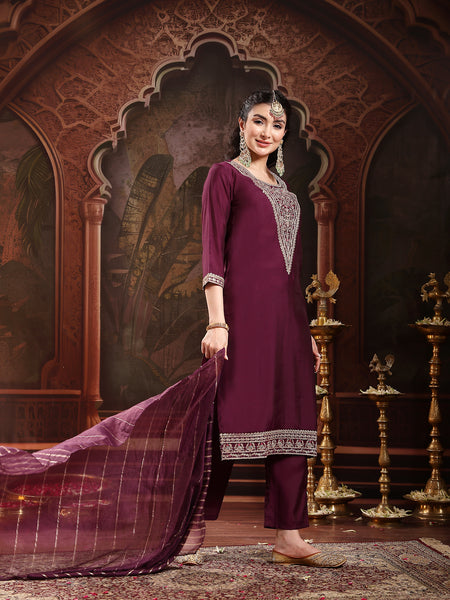 Stylum Women's Purple Solid & Embroidered Silk Blend Straight Kurta Pant Dupatta Set (KPDPURPLEMUNGA)