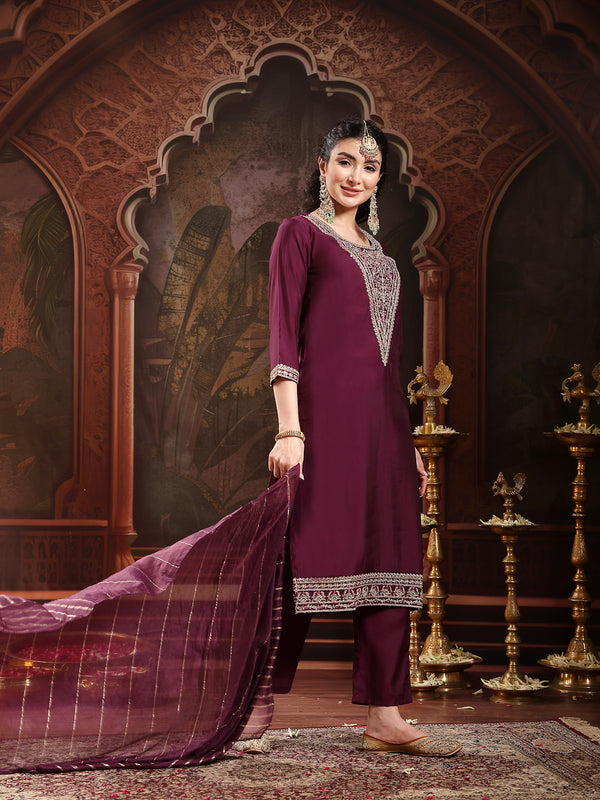 Stylum Women's Purple Solid & Embroidered Silk Blend Straight Kurta Pant Dupatta Set (KPDPURPLEMUNGA)