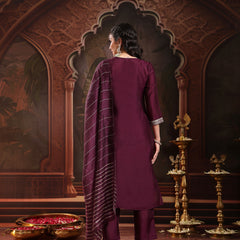 Stylum Women's Purple Solid & Embroidered Silk Blend Straight Kurta Pant Dupatta Set (KPDPURPLEMUNGA)