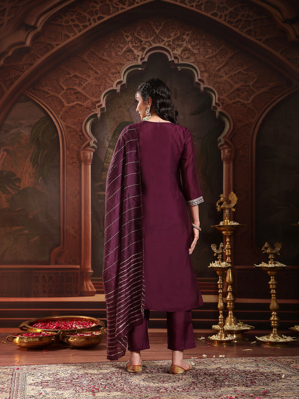 Stylum Women's Purple Solid & Embroidered Silk Blend Straight Kurta Pant Dupatta Set (KPDPURPLEMUNGA)