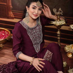 Stylum Women's Purple Solid & Embroidered Silk Blend Straight Kurta Pant Dupatta Set (KPDPURPLEMUNGA)