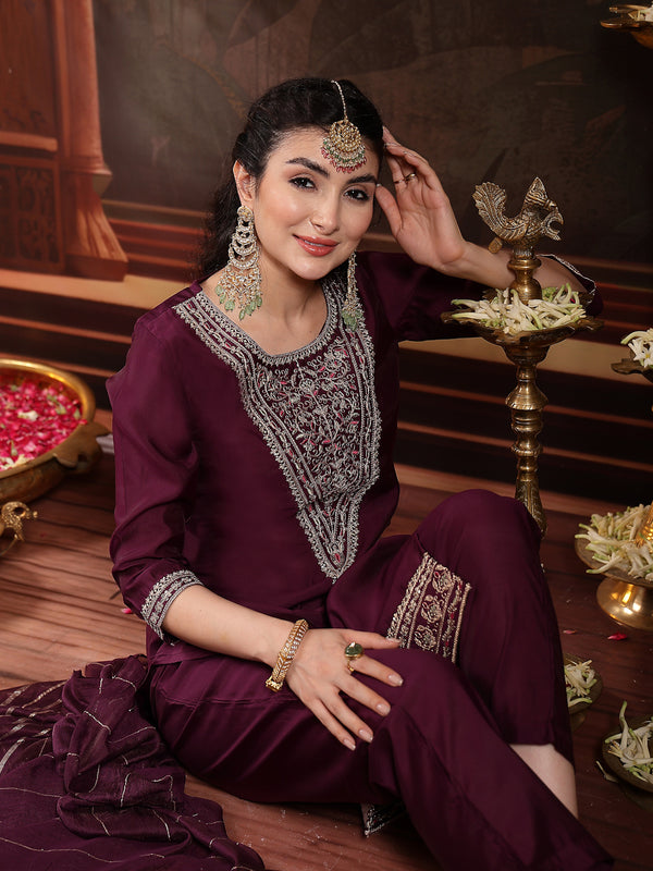 Stylum Women's Purple Solid & Embroidered Silk Blend Straight Kurta Pant Dupatta Set (KPDPURPLEMUNGA)