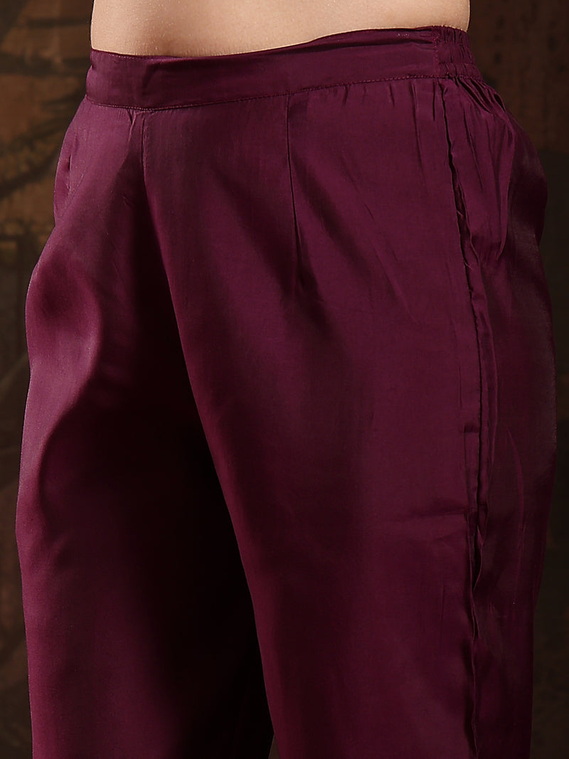 Stylum Women's Purple Solid & Embroidered Silk Blend Straight Kurta Pant Dupatta Set (KPDPURPLEMUNGA)