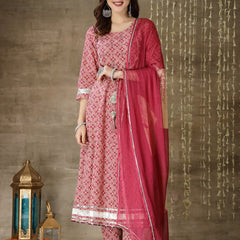 Stylum Women's Purple Printed Cotton Anarkali Kurta Pant Dupatta Set (KPDPURPLENIRU)