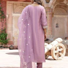 Stylum Women's Purple Embroidered Silk Blend Straight Kurta Pant Dupatta Set (KPDPURPLEPALKI)
